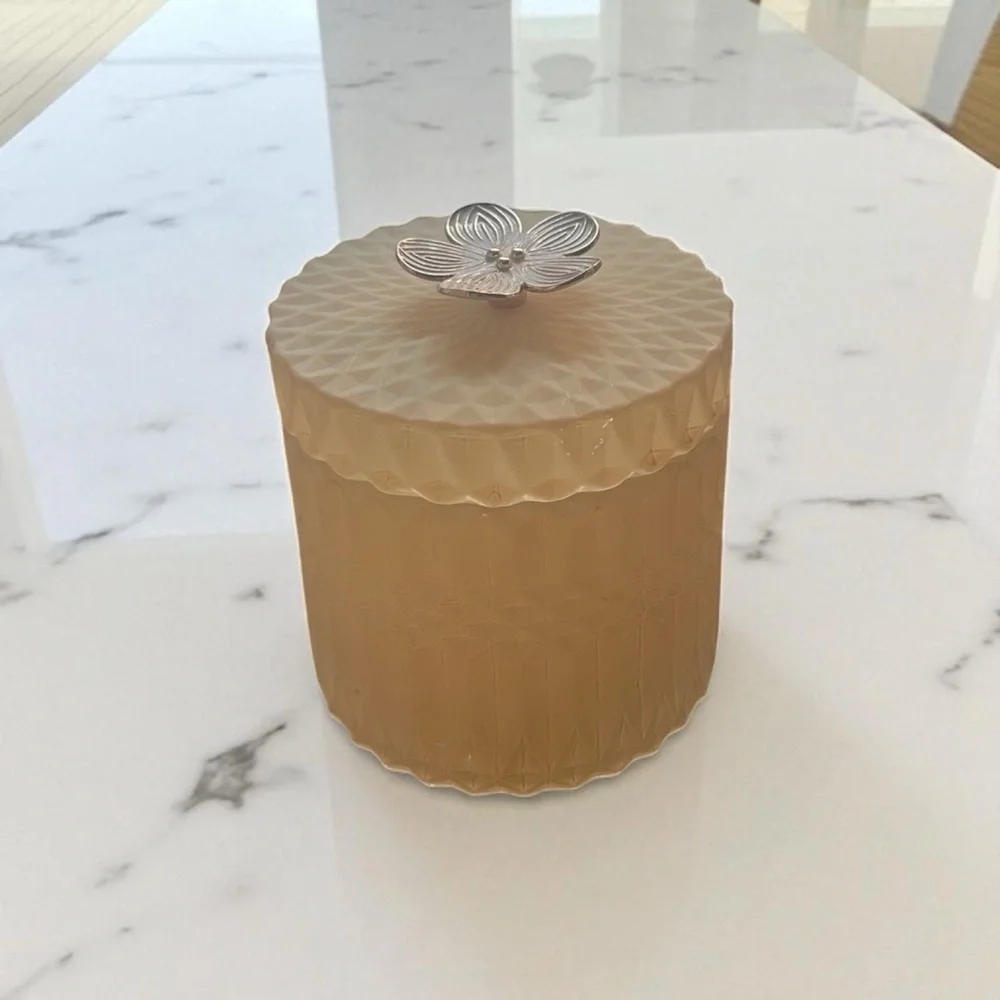 Pink Glass Jar With Metal Flower Lid Handle